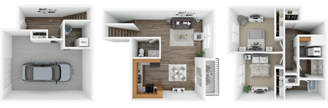 a 3d rendering of a floor plan with a bedroom and a living room